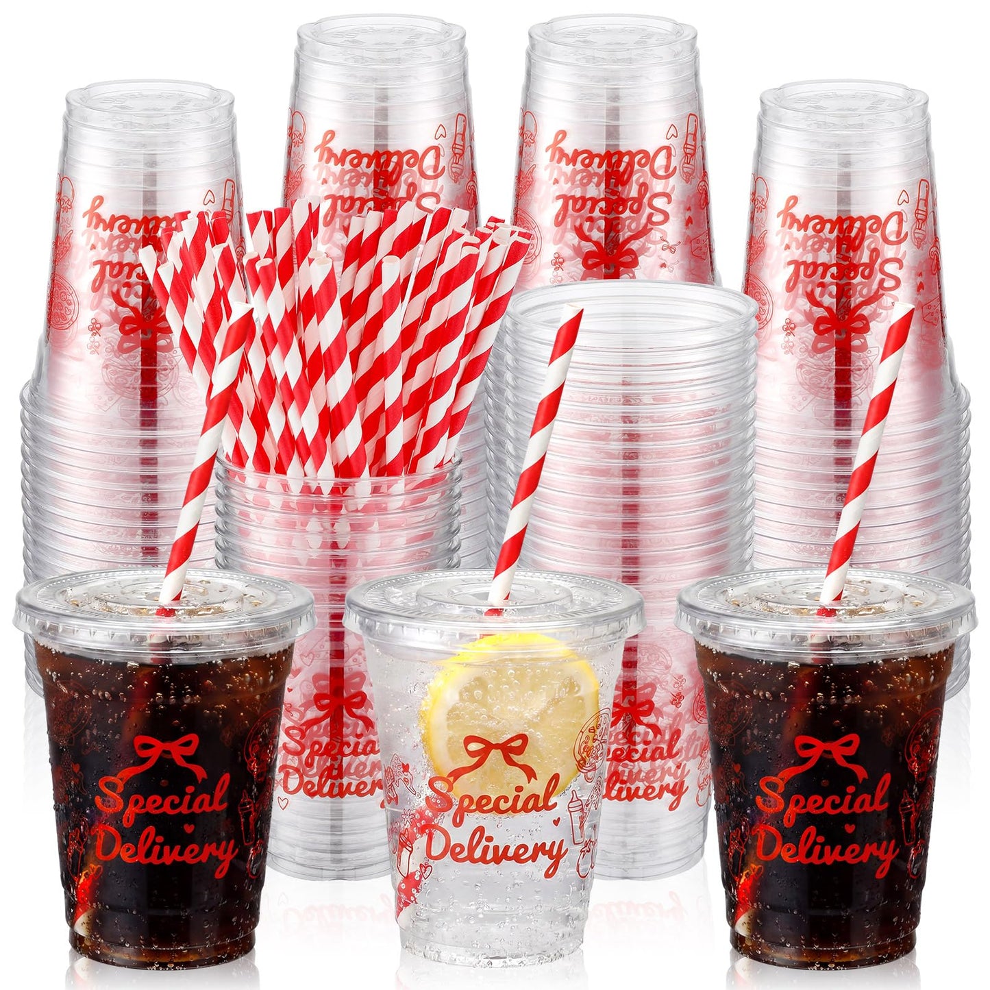 Red Plastic Cups with Lids and Straws for Party Drinks and Events