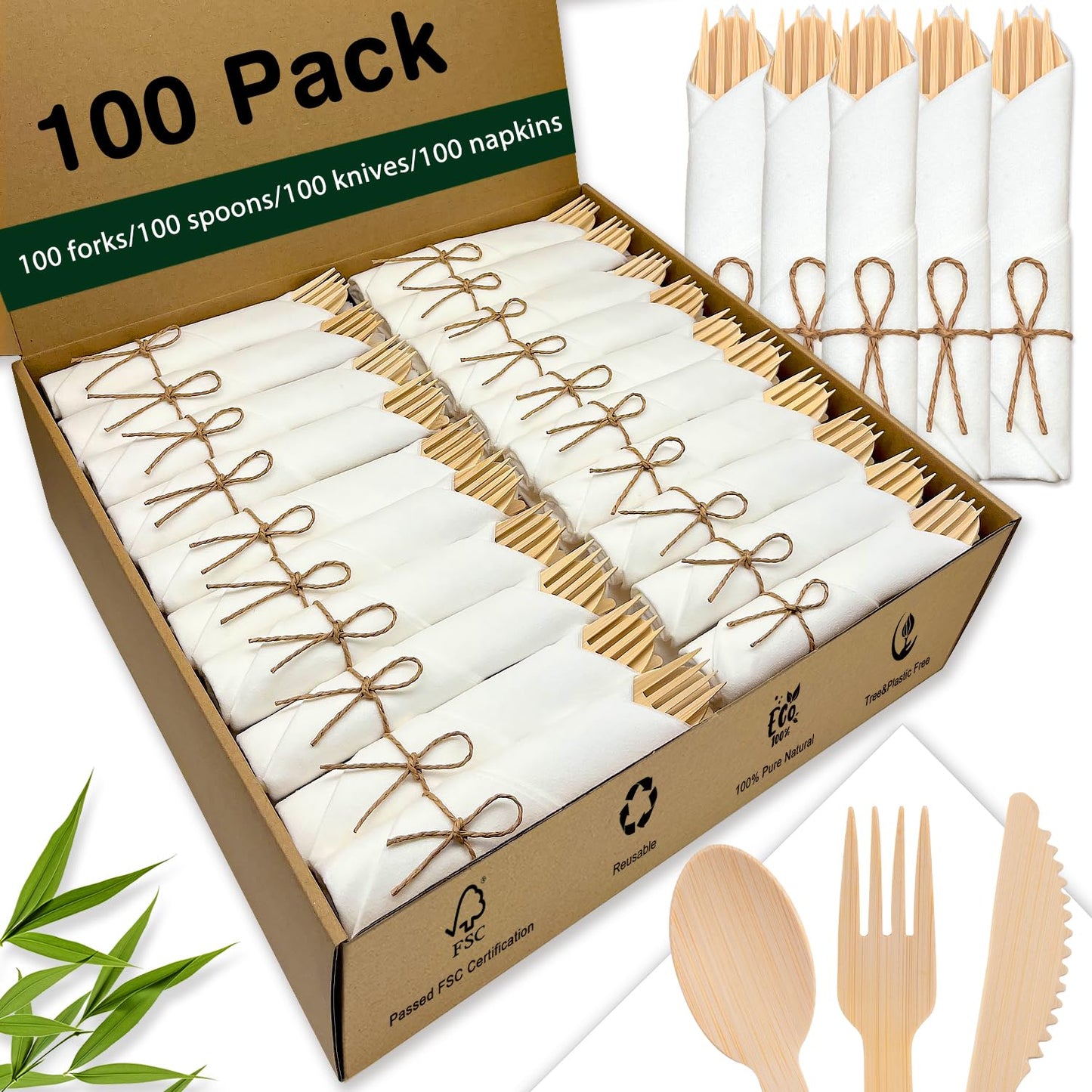 Bamboo Cutlery Set with Rolled Napkins for Party and Events