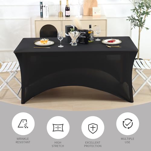 Fixwal 6 Pack 8FT Black Tablecloth Rectangle Spandex Fitted Table Cover