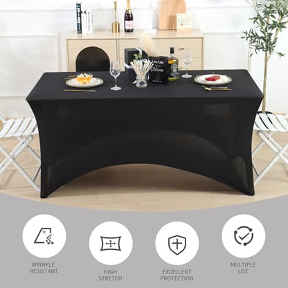 Fixwal 6 Pack 8FT Black Tablecloth Rectangle Spandex Fitted Table Cover
