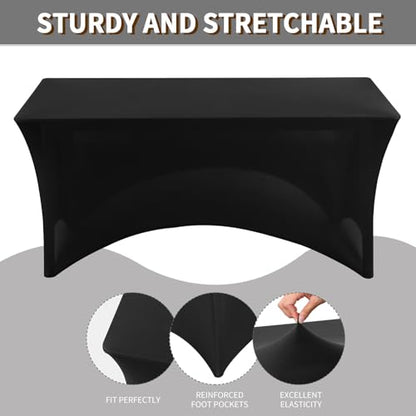 Fixwal 6 Pack 8FT Black Tablecloth Rectangle Spandex Fitted Table Cover