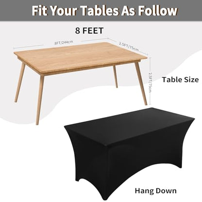 Fixwal 6 Pack 8FT Black Tablecloth Rectangle Spandex Fitted Table Cover