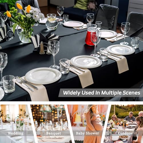 Fixwal 6 Pack 8FT Black Tablecloth Rectangle Spandex Fitted Table Cover
