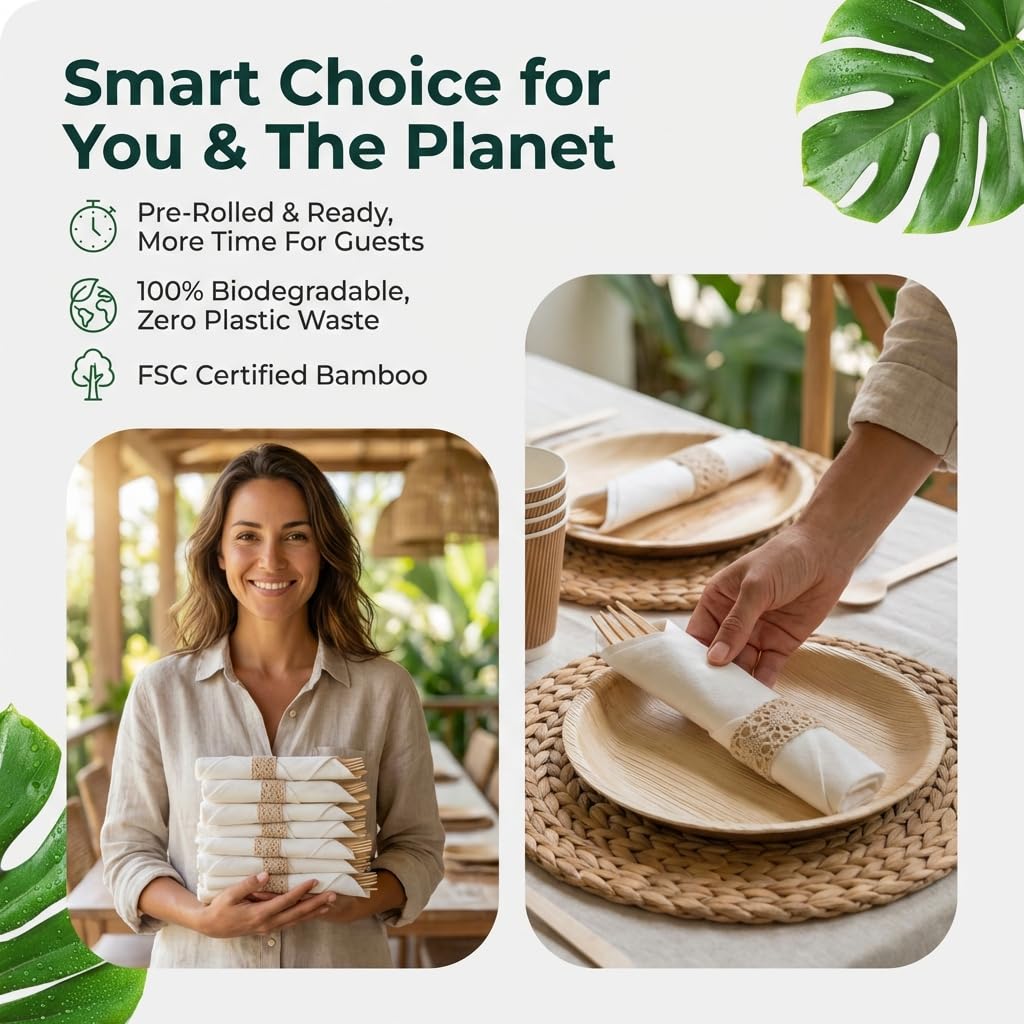 Pre Rolled Napkin and Bamboo Cutlery Set