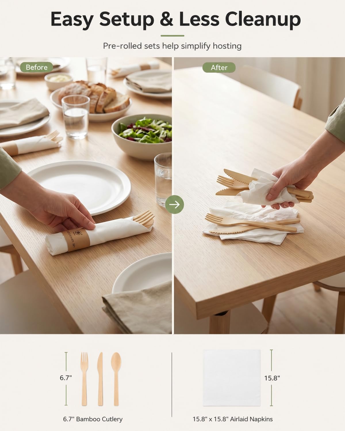 Eco-Friendly Bamboo Cutlery Set with Forks, Knives, Spoons and Napkins