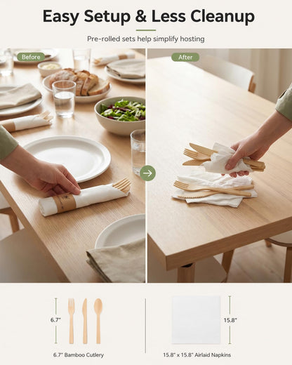 Eco-Friendly Bamboo Cutlery Set with Forks, Knives, Spoons and Napkins