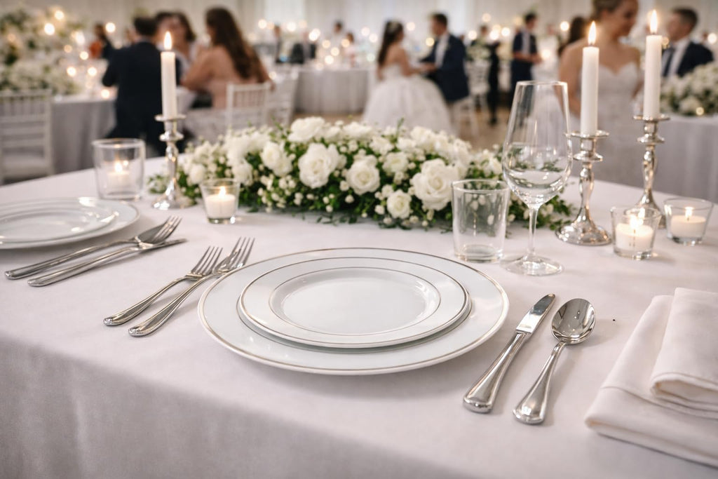 Wedding Disposable Dinnerware Set with Plates, Silverware and Tumblers