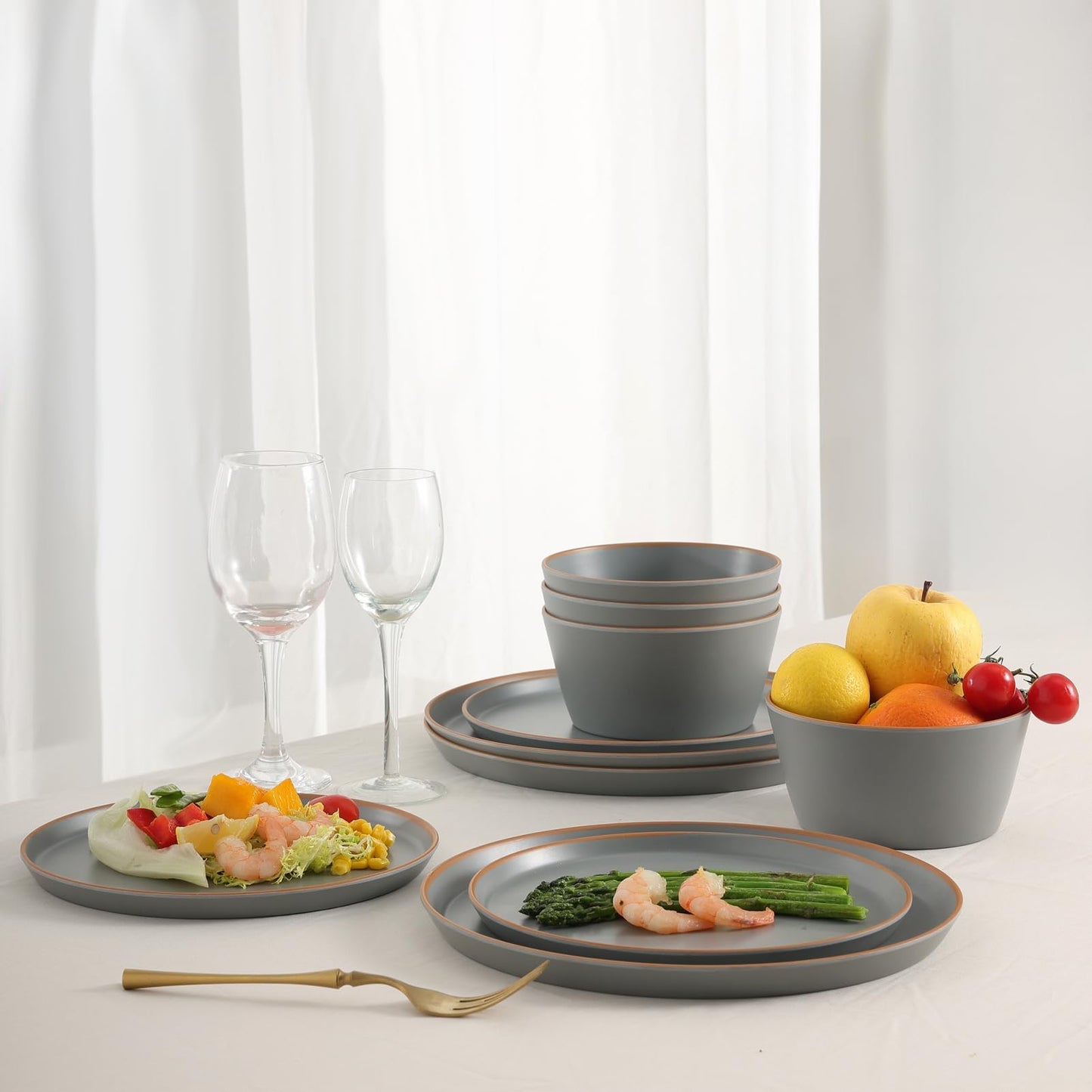 Matte Melamine Dinnerware Set with Plates and Bowls for Everyday Use
