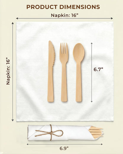 Bamboo Cutlery Set with Rolled Napkins for Party and Events