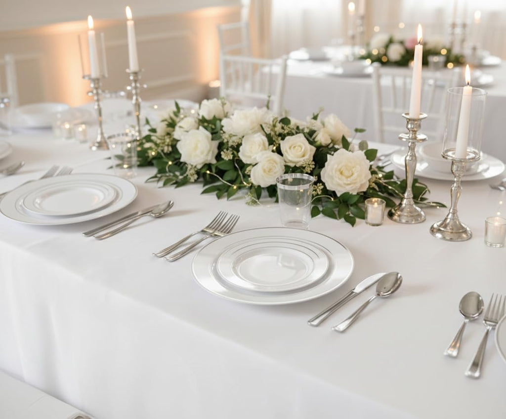 Wedding Disposable Dinnerware Set with Plates, Silverware and Tumblers