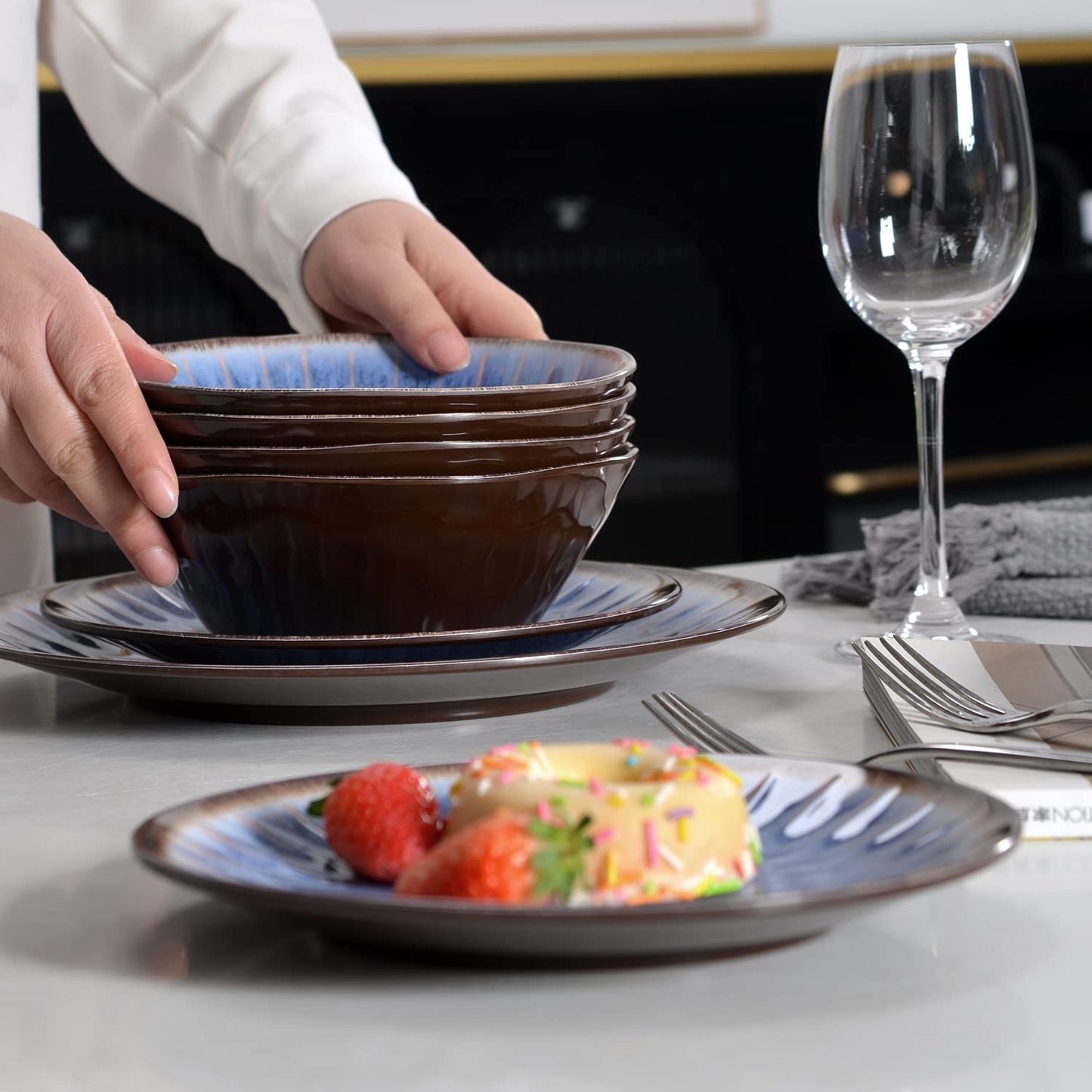 Melamine Dinnerware Set with Plates and Bowls for Indoor and Outdoor Use