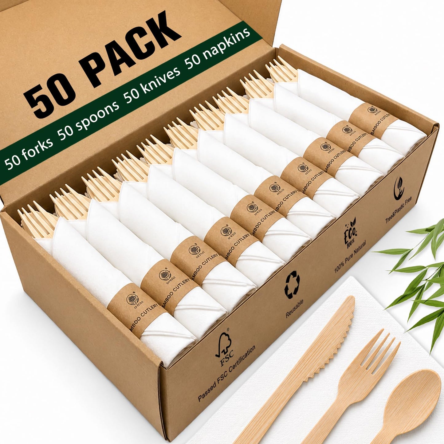 Eco-Friendly Bamboo Cutlery Set with Forks, Knives, Spoons and Napkins