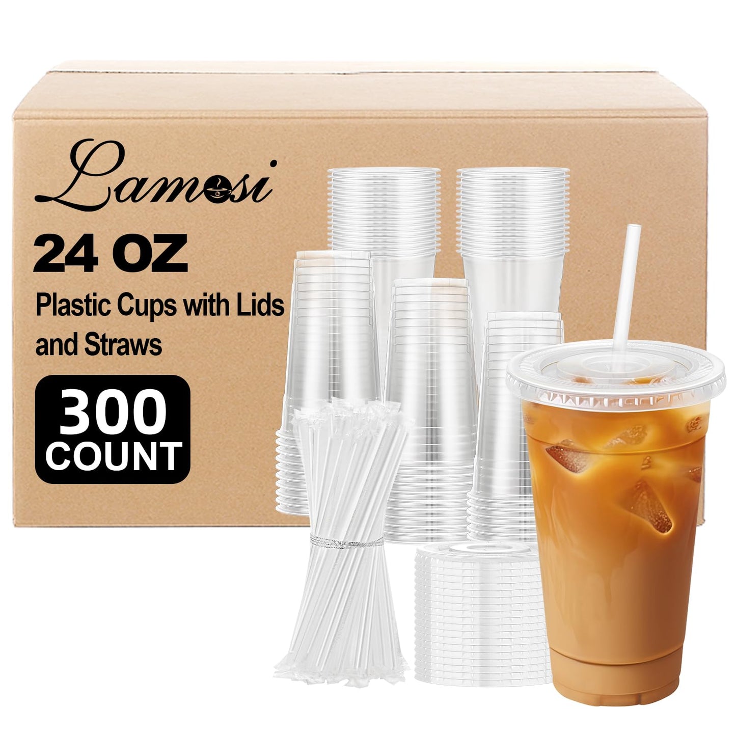 Lamosi Clear Plastic Cups with Lids and Straws