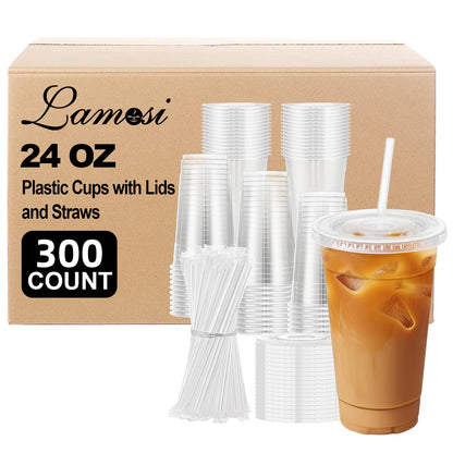 Lamosi Clear Plastic Cups with Lids and Straws