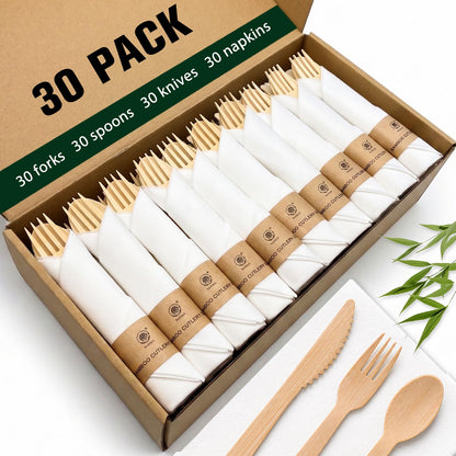 Eco-Friendly Bamboo Cutlery Set with Forks, Knives, Spoons and Napkins