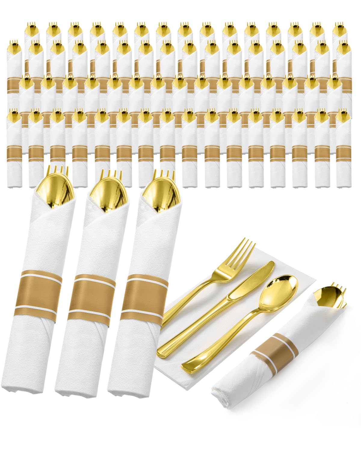 Wrapped Disposable Silverware Set with Forks, Knives, Spoons and Napkins