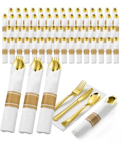 Wrapped Disposable Silverware Set with Forks, Knives, Spoons and Napkins