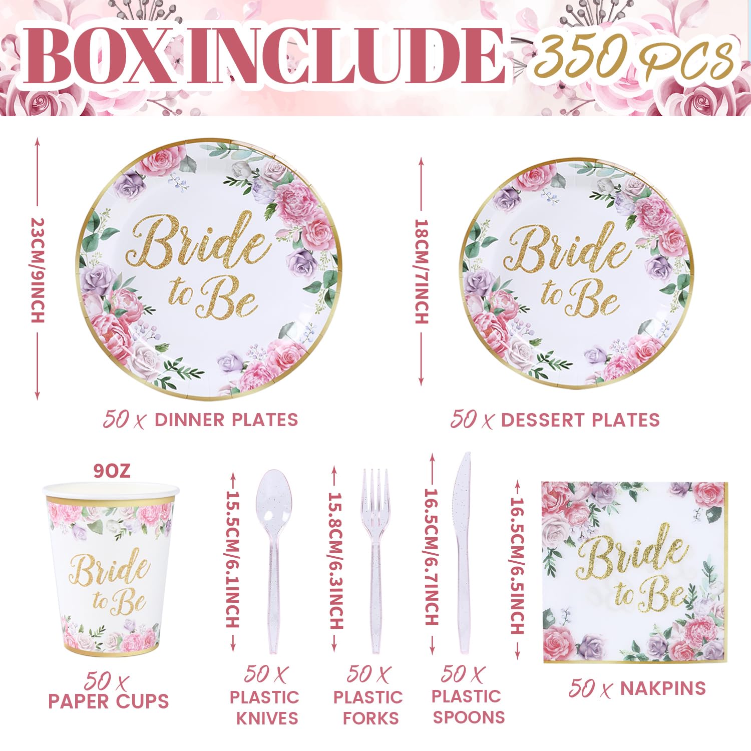 Floral Bridal Shower Tableware Set with Plates, Napkins and Cups