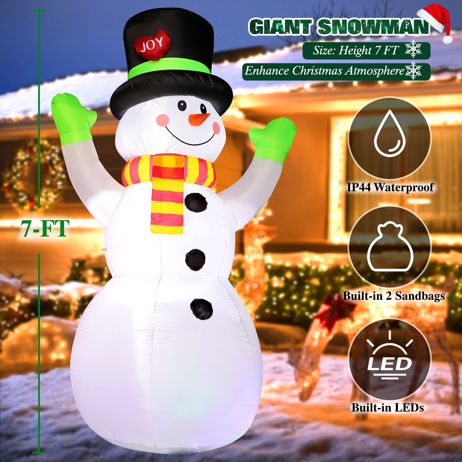 Christmas Snowman Inflatable Outdoor Decoration with LED Lights and Magic Hat