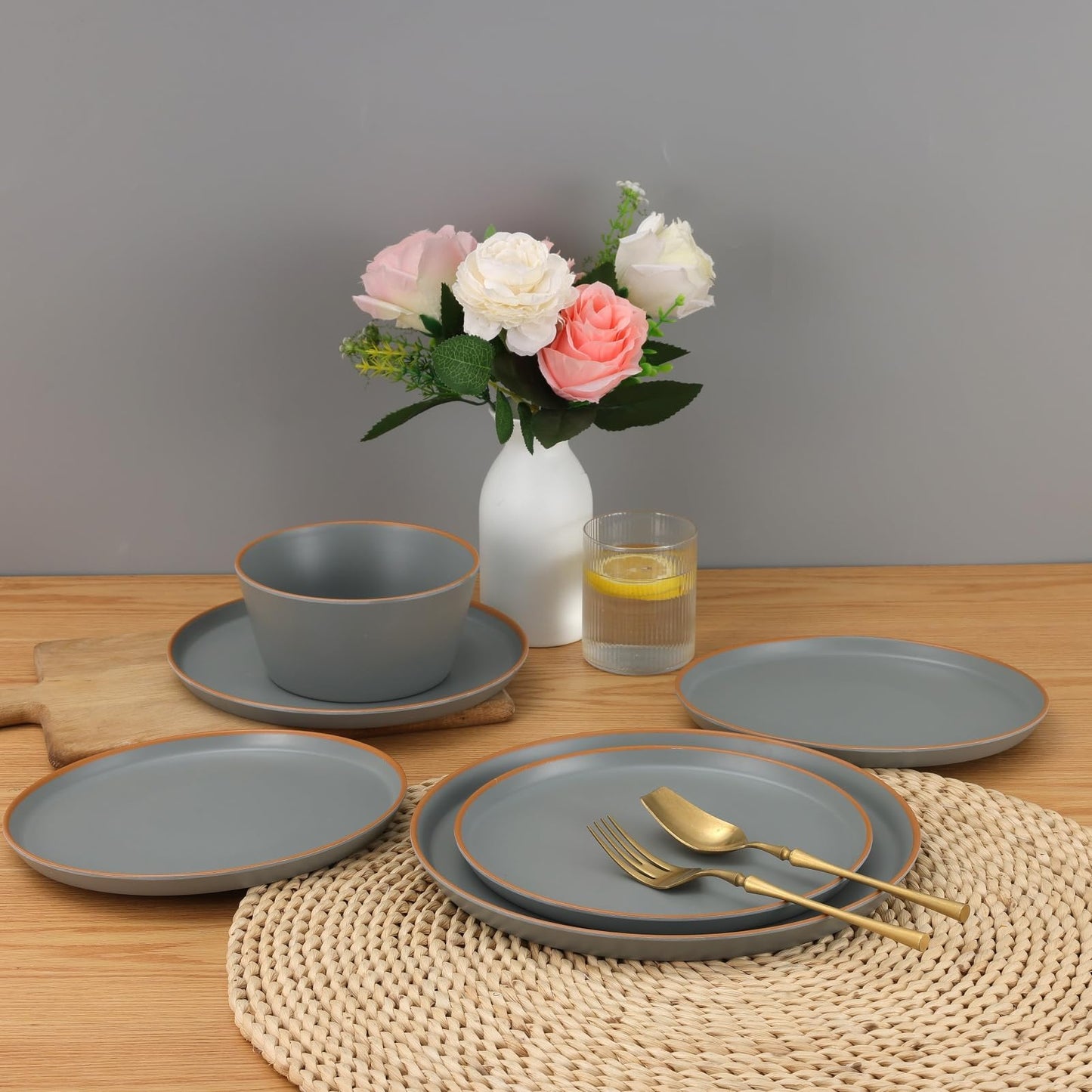 Matte Melamine Dinnerware Set with Plates and Bowls for Everyday Use