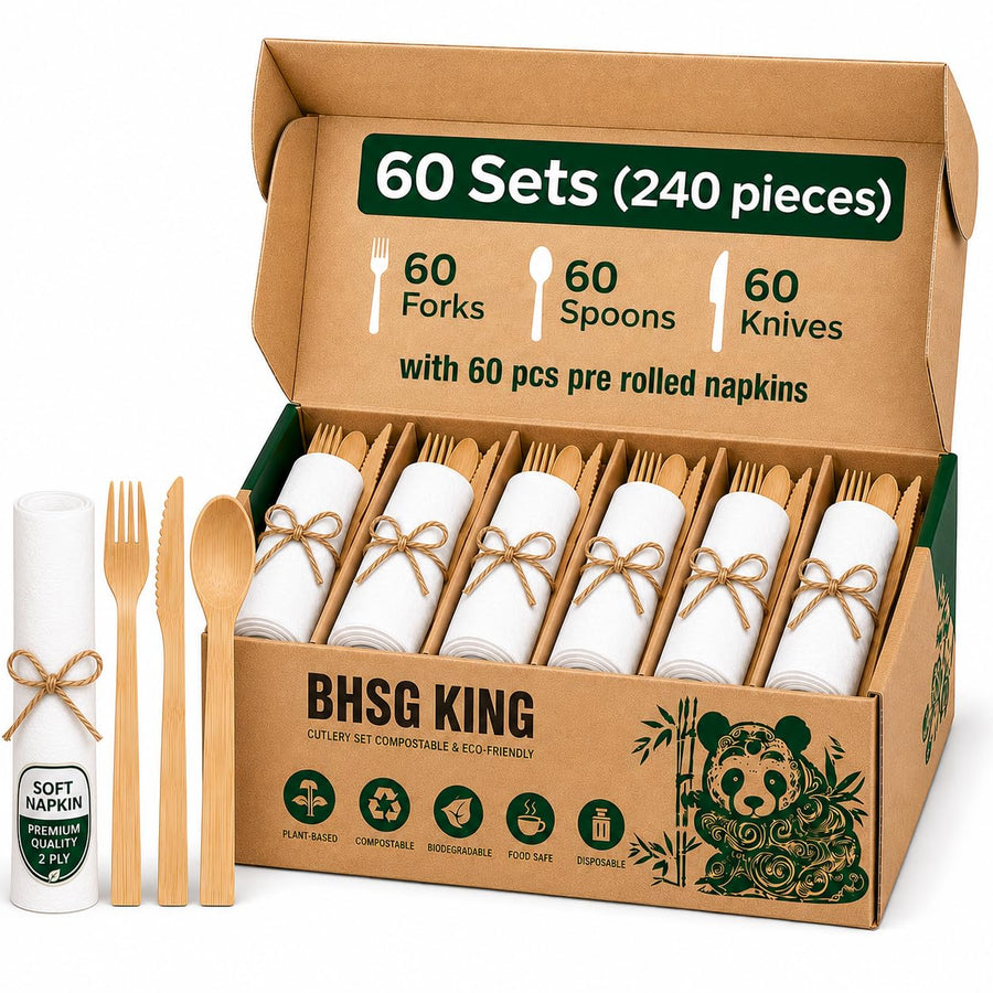Premium Bamboo Cutlery Set with Rolled Napkins for Events