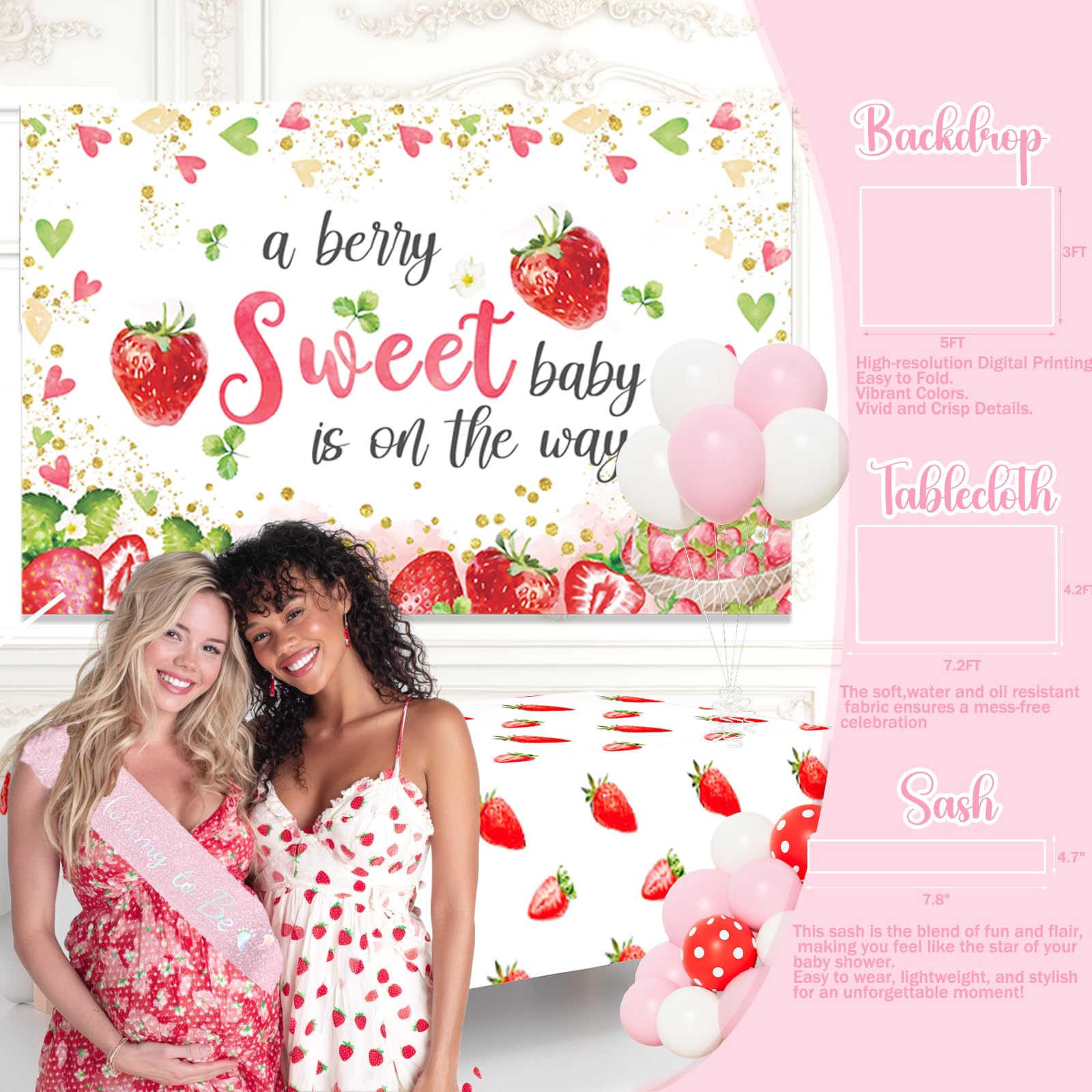 Strawberry Baby Shower Decorations Set with Backdrop, Balloons and Banner