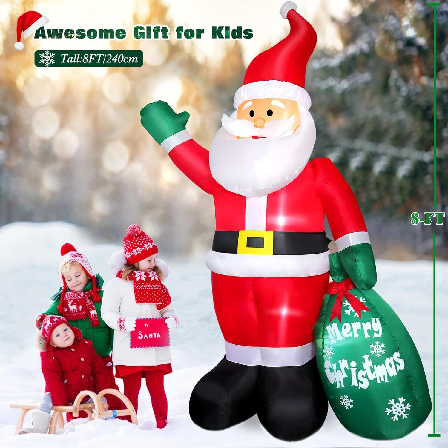 Christmas Santa Claus Inflatable Outdoor Decoration with LED Lights and Gift Bag