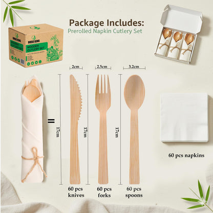 Premium Bamboo Cutlery Set with Rolled Napkins for Events