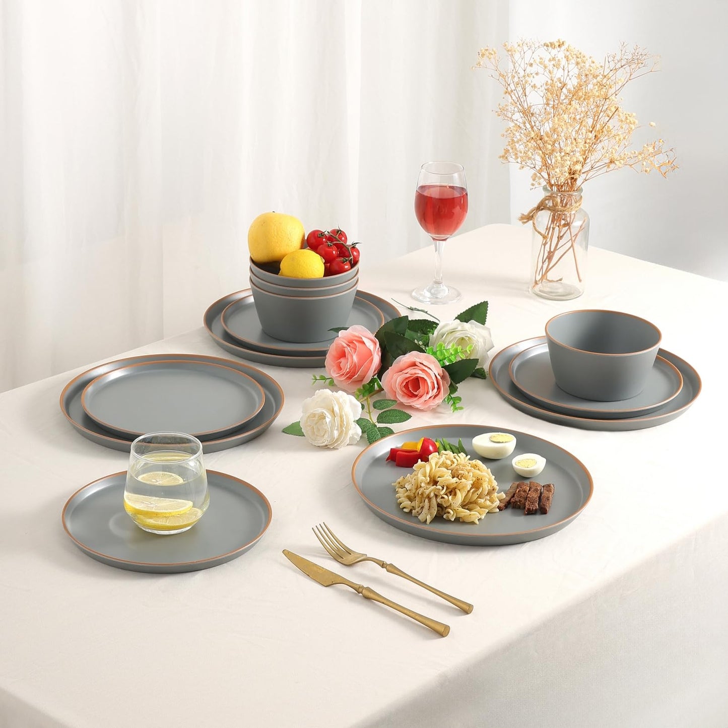 Matte Melamine Dinnerware Set with Plates and Bowls for Everyday Use