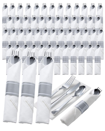 Wrapped Disposable Silverware Set with Forks, Knives, Spoons and Napkins
