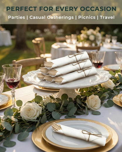 Bamboo Cutlery Set with Rolled Napkins for Party and Events
