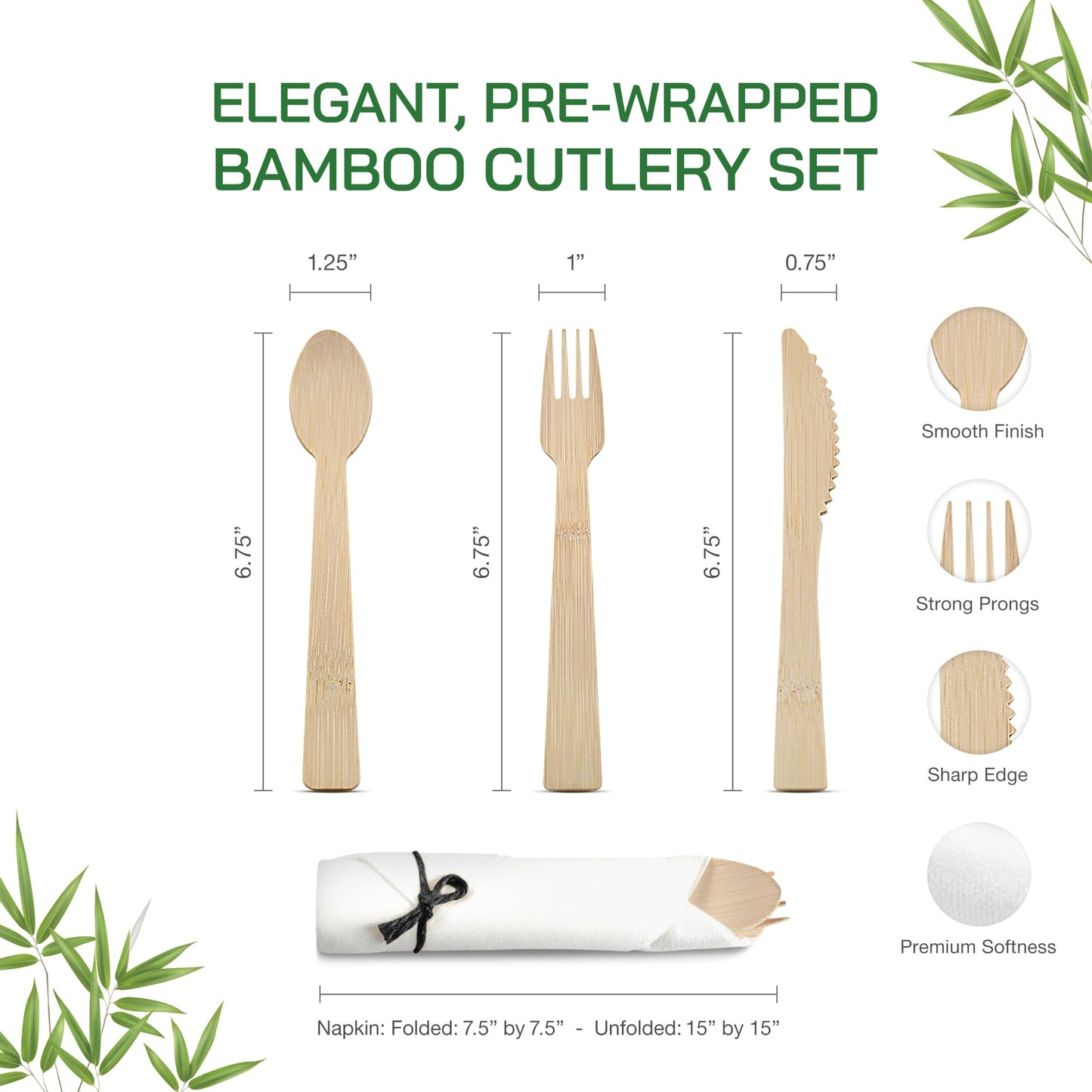 Bamboo Cutlery Set with Rolled Napkins for Weddings and Parties