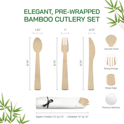Bamboo Cutlery Set with Rolled Napkins for Weddings and Parties