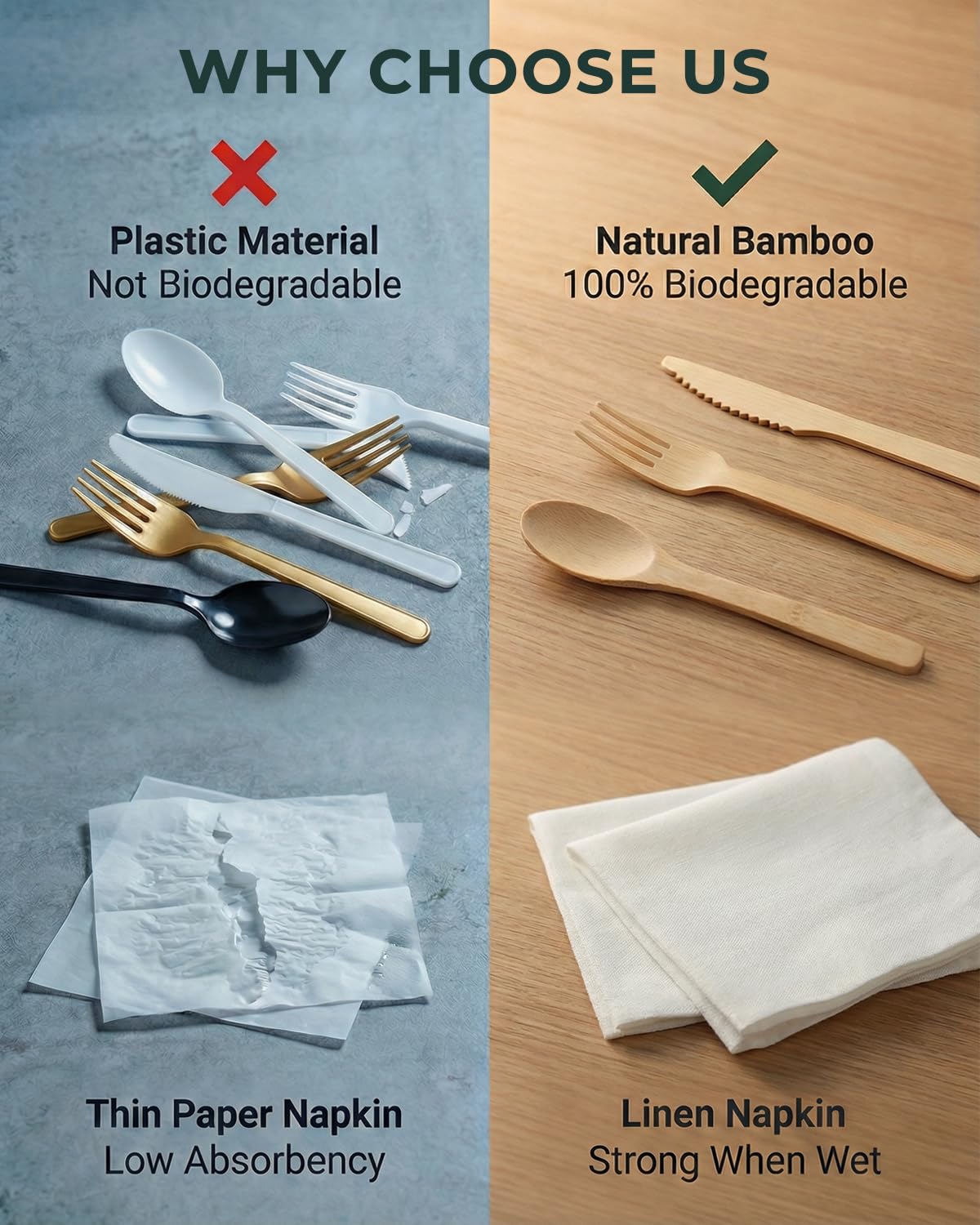 Bamboo Cutlery Set with Rolled Napkins for Party and Events