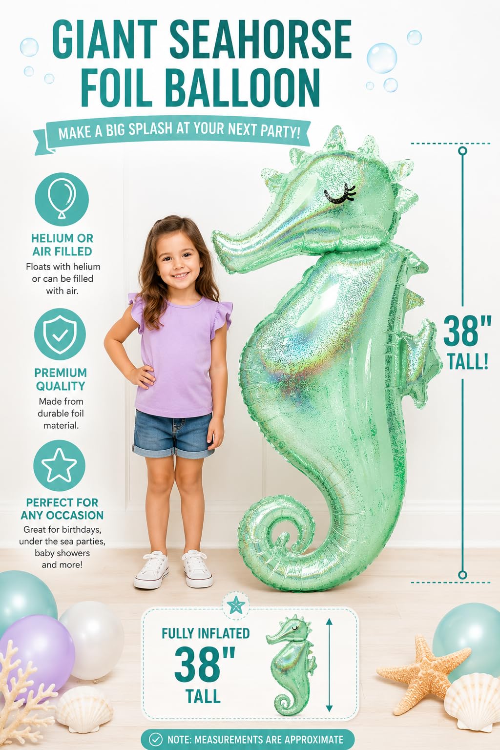 Holographic Sparkle Seahorse Jumbo 38" Foil Balloon by Anagram