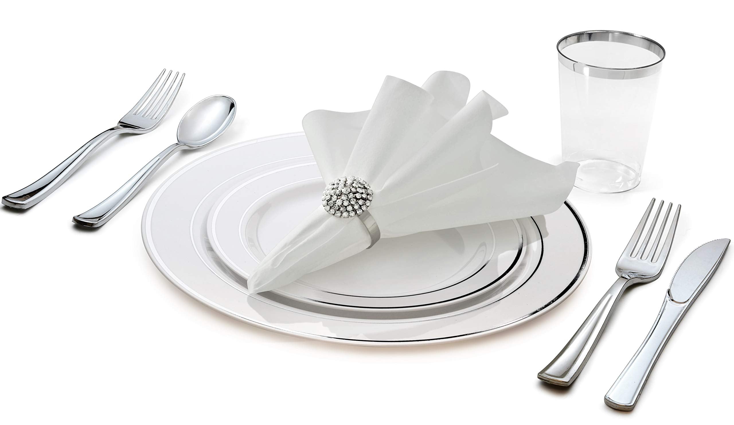 Wedding Disposable Dinnerware Set with Plates, Silverware and Tumblers