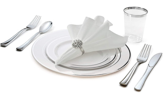 Wedding Disposable Dinnerware Set with Plates, Silverware and Tumblers