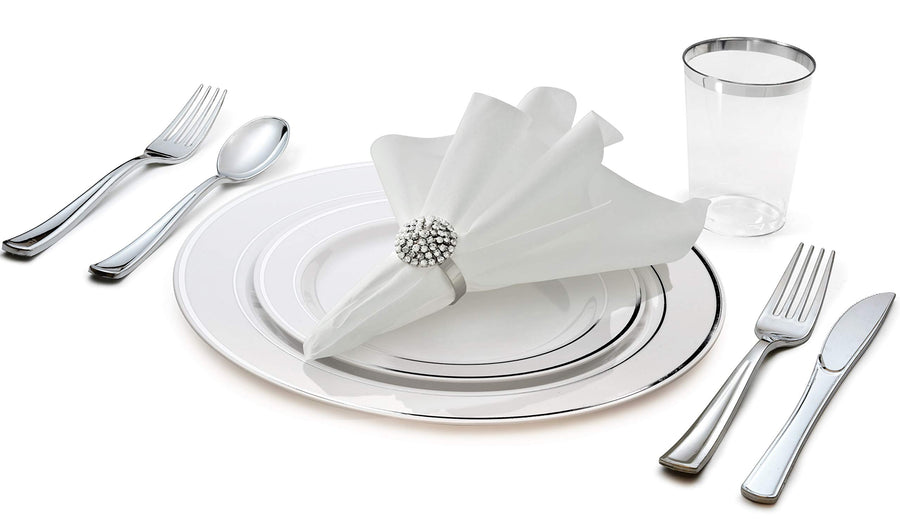 Wedding Disposable Dinnerware Set with Plates, Silverware and Tumblers