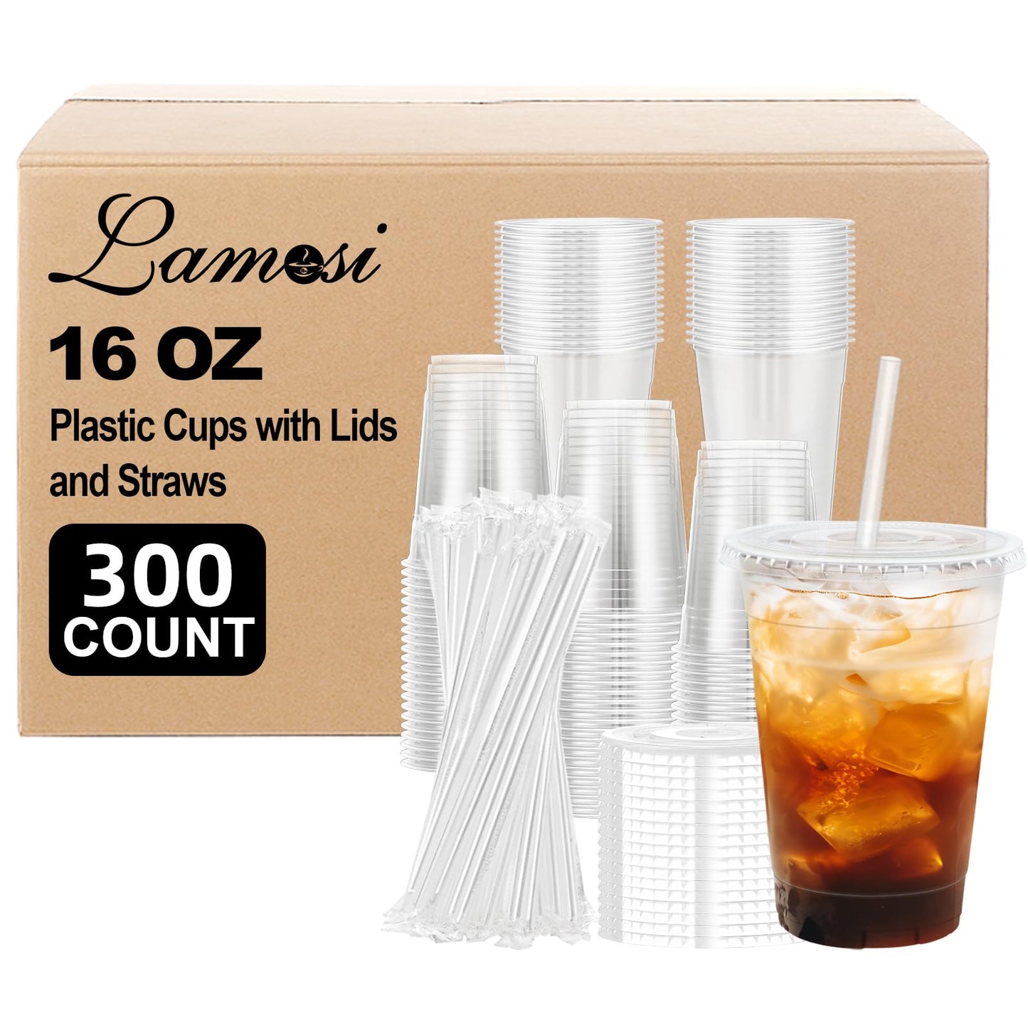 Lamosi Clear Plastic Cups with Lids and Straws