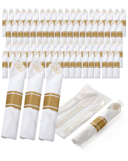 Wrapped Disposable Silverware Set with Forks, Knives, Spoons and Napkins