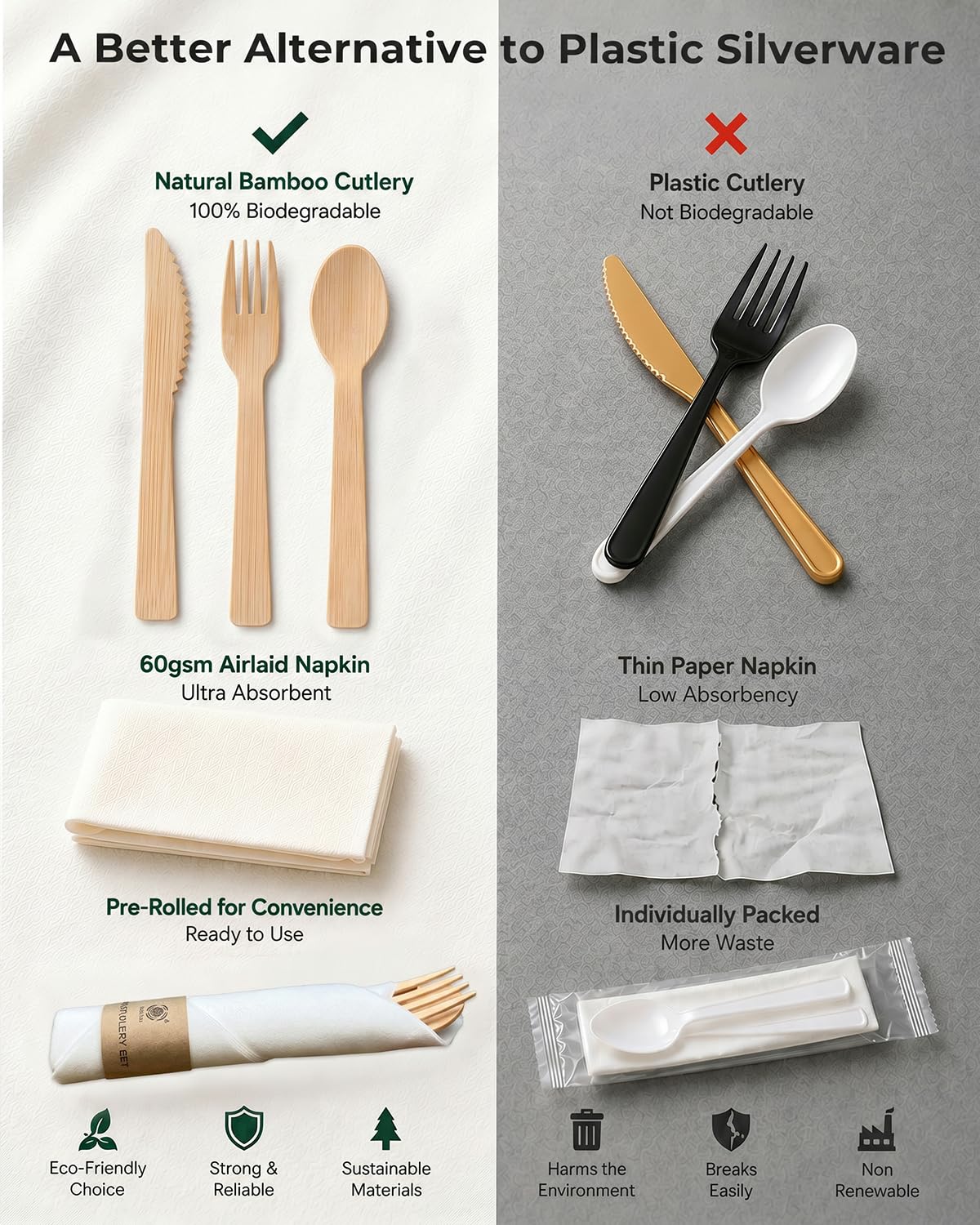 Eco-Friendly Bamboo Cutlery Set with Forks, Knives, Spoons and Napkins