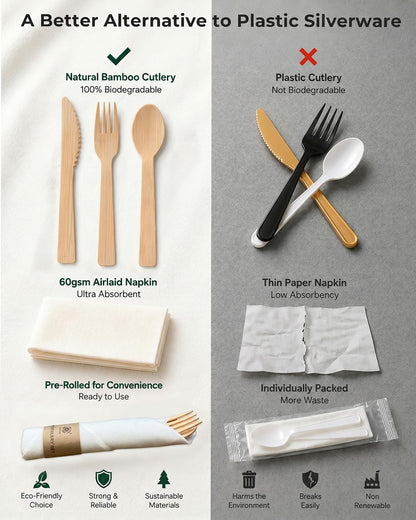 Eco-Friendly Bamboo Cutlery Set with Forks, Knives, Spoons and Napkins