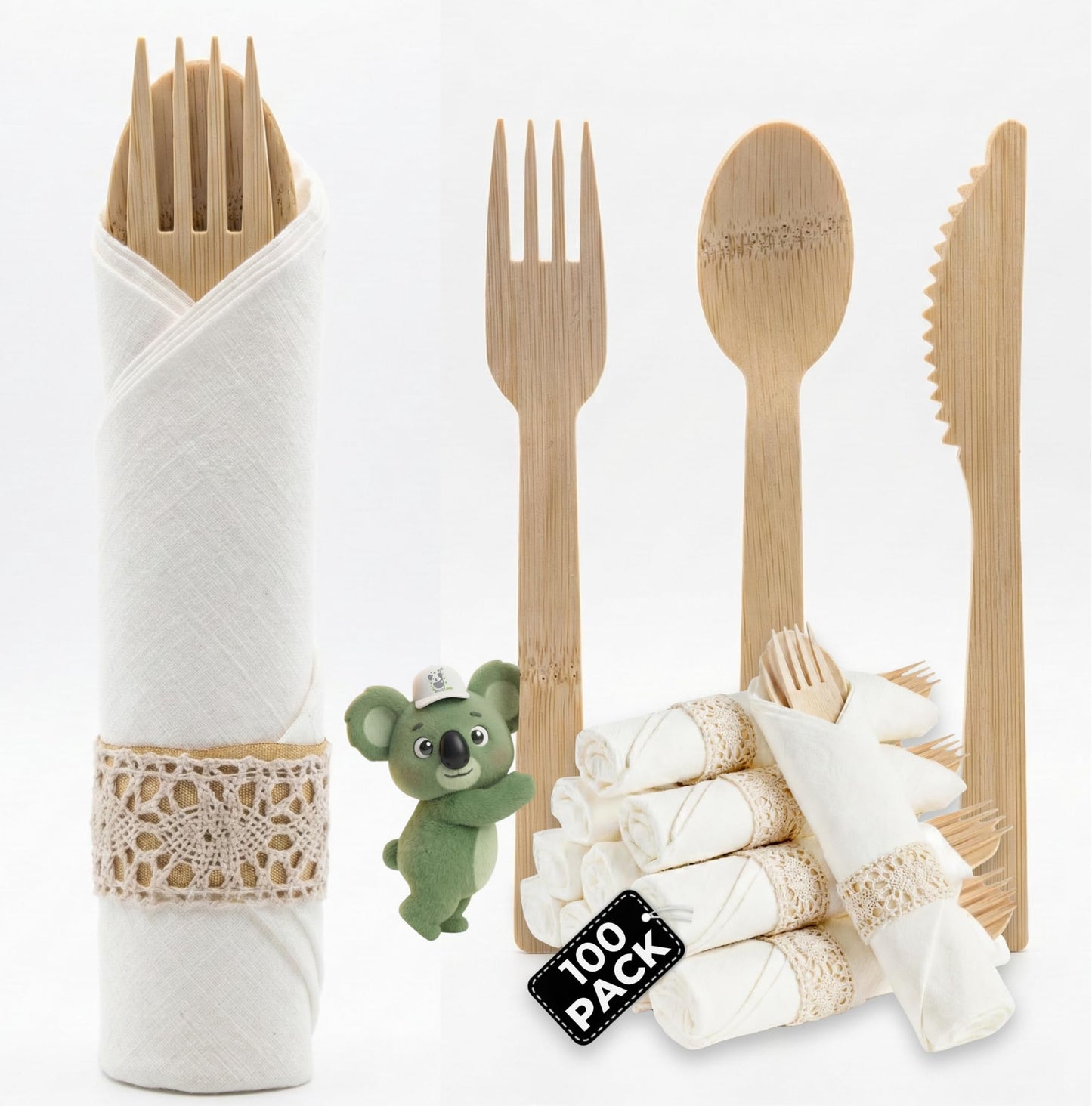 Pre Rolled Napkin and Bamboo Cutlery Set