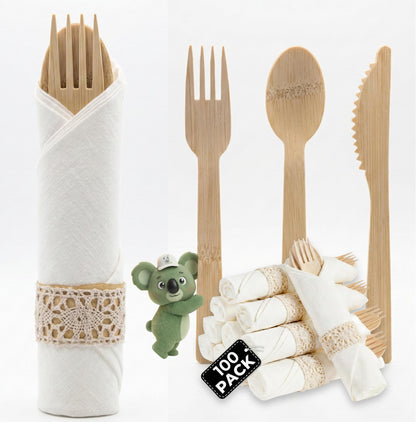 Pre Rolled Napkin and Bamboo Cutlery Set