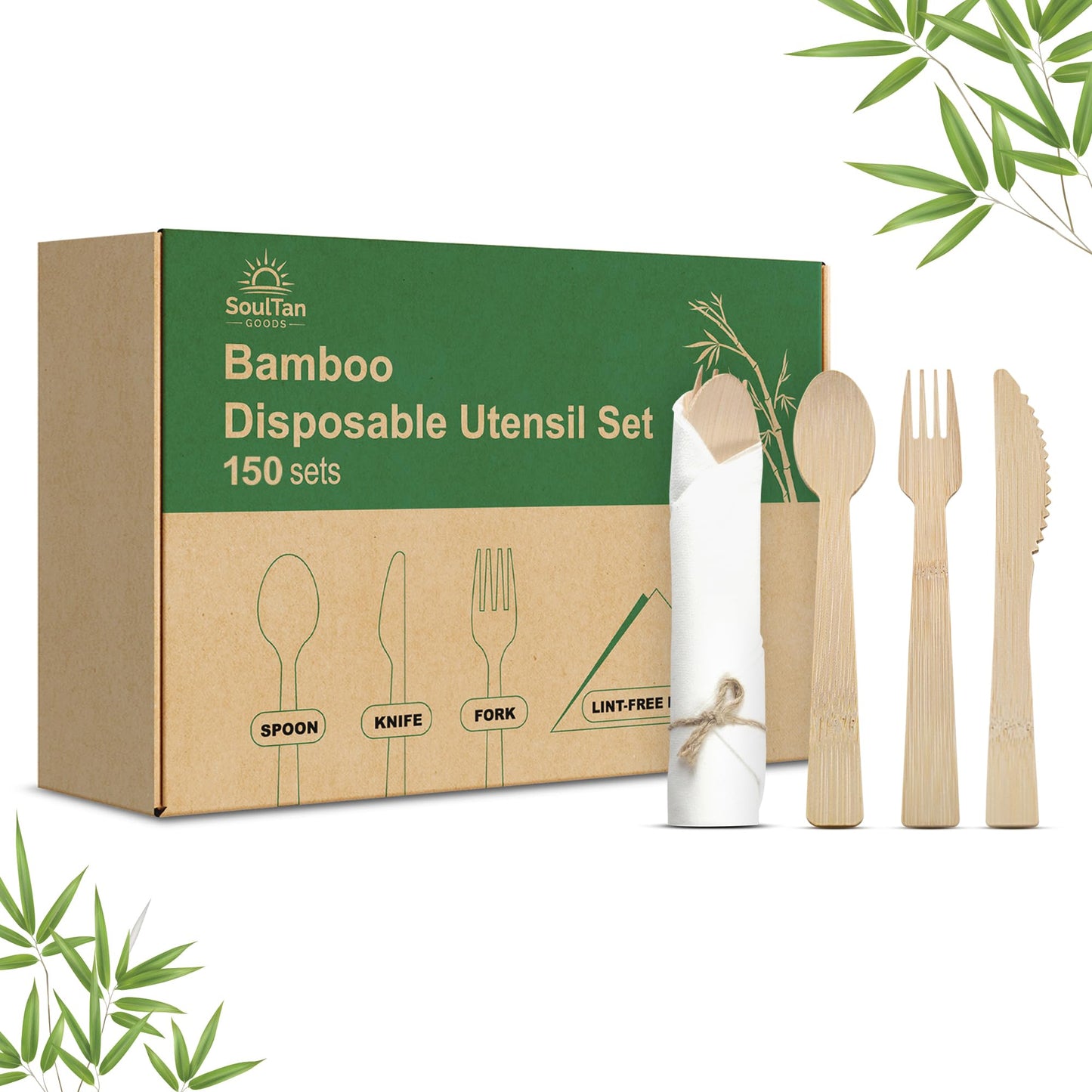 Bamboo Cutlery Set with Rolled Napkins for Weddings and Parties