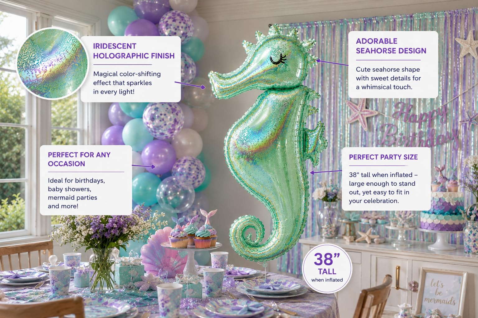 Holographic Sparkle Seahorse Jumbo 38" Foil Balloon by Anagram