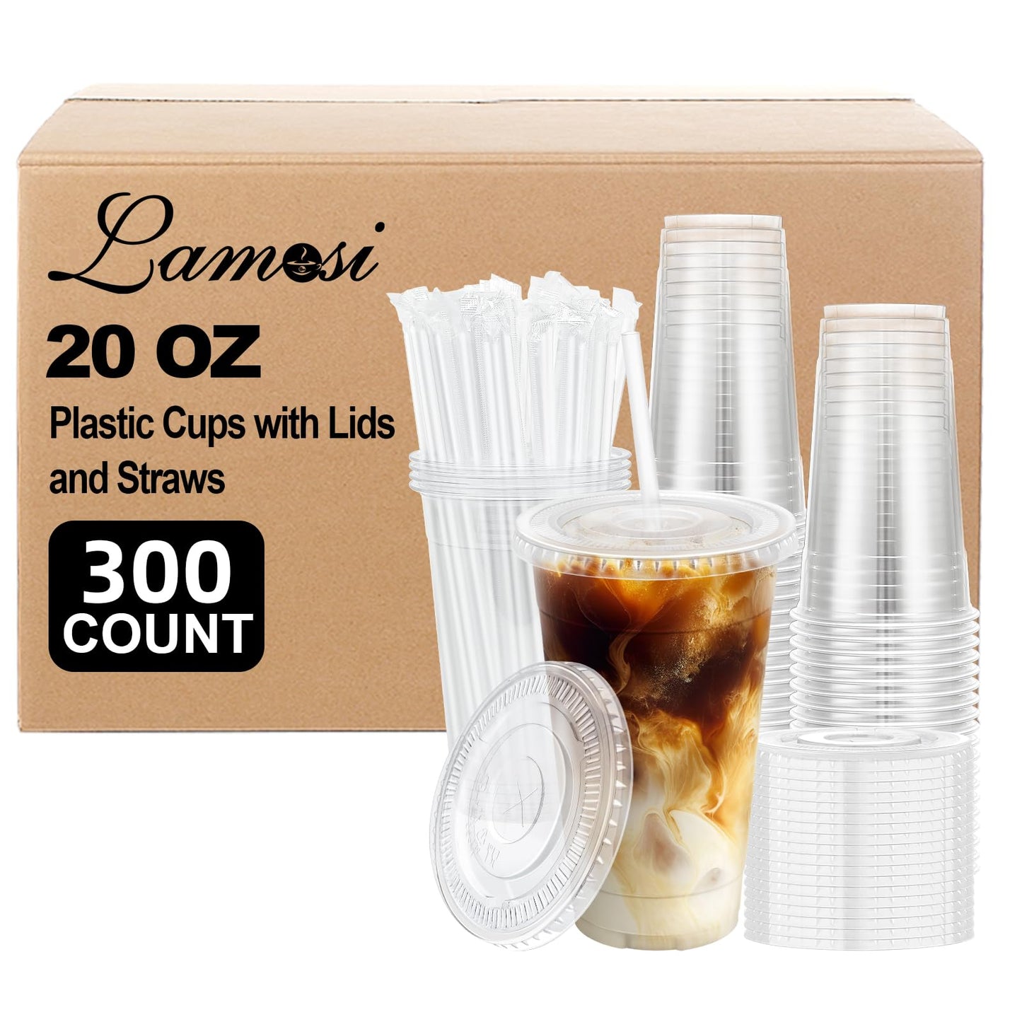 Lamosi Clear Plastic Cups with Lids and Straws
