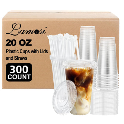 Lamosi Clear Plastic Cups with Lids and Straws