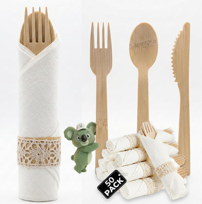 Pre Rolled Napkin and Bamboo Cutlery Set