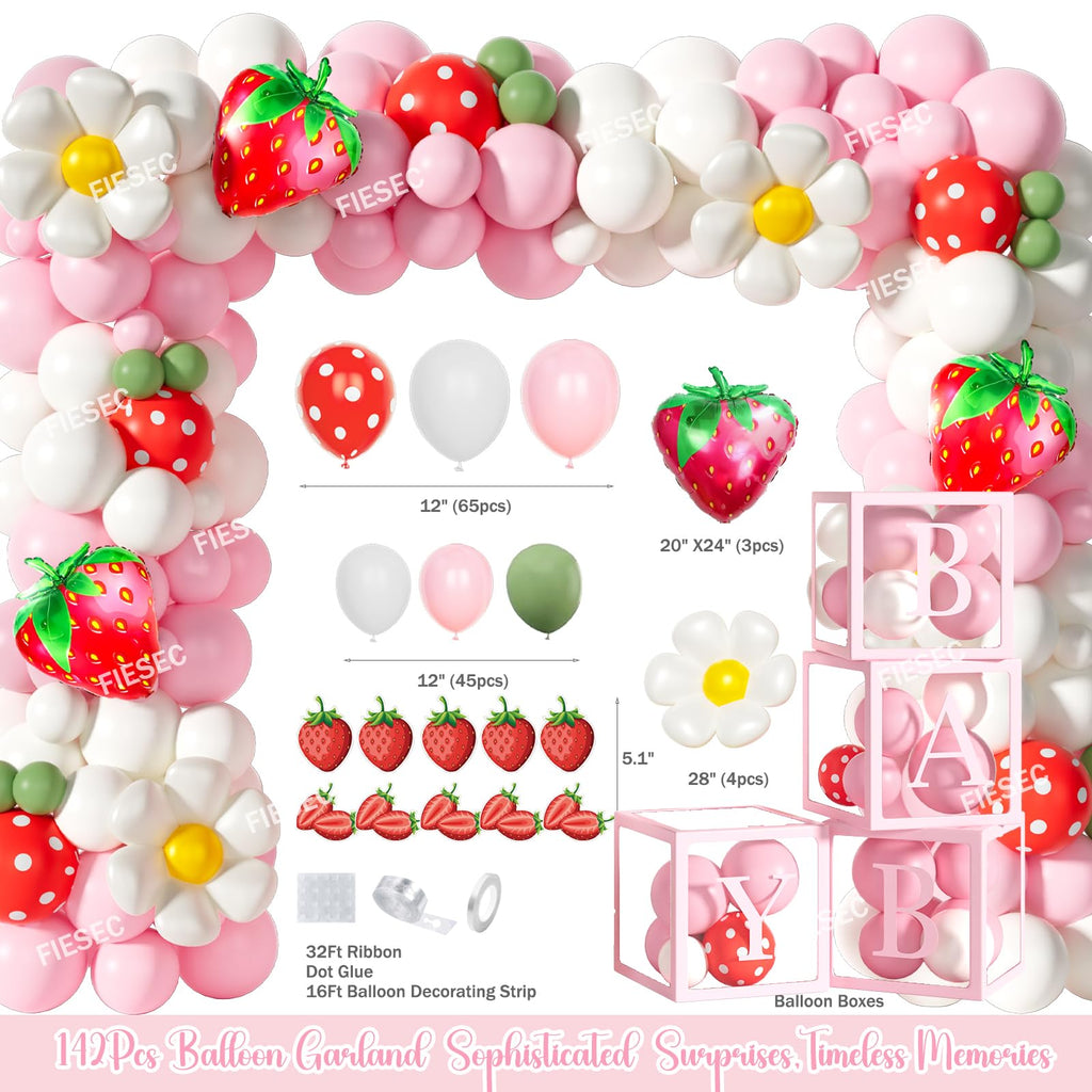 Strawberry Baby Shower Decorations Set with Backdrop, Balloons and Banner